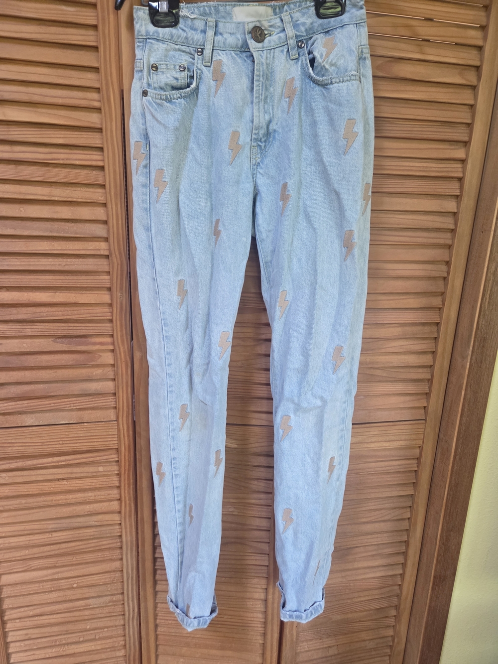 One Teaspoon Light Blue Denim Straight Leg Jeans with Brown Lightning Bolts